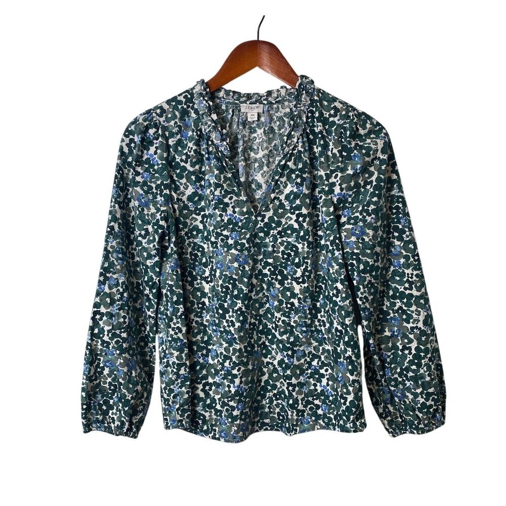 J. Crew Blue Green Floral Cotton V-neck Ruffle Trim Neck Blouse Size X-Small
